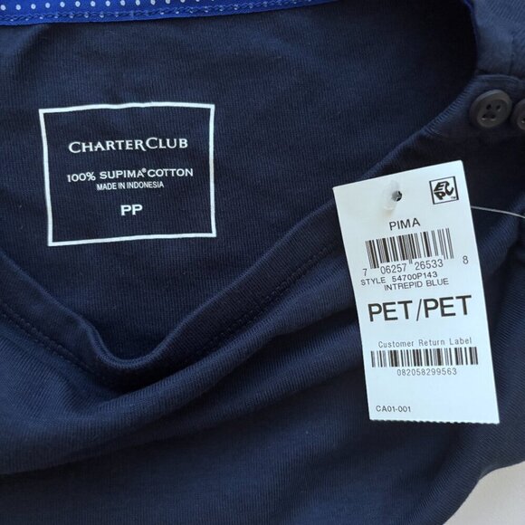 Charter Club Petite Navy Blue Pima Cotton Button-Shoulder 3/4 Sleeve Top NWT - Picture 4 of 4